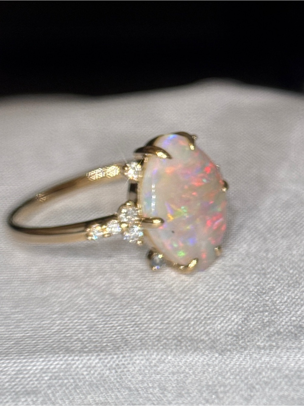 Australian Opal and Diamond Halo Ring in 14k Yellow Gold - Iridescent Opal - Picture 7 of 12